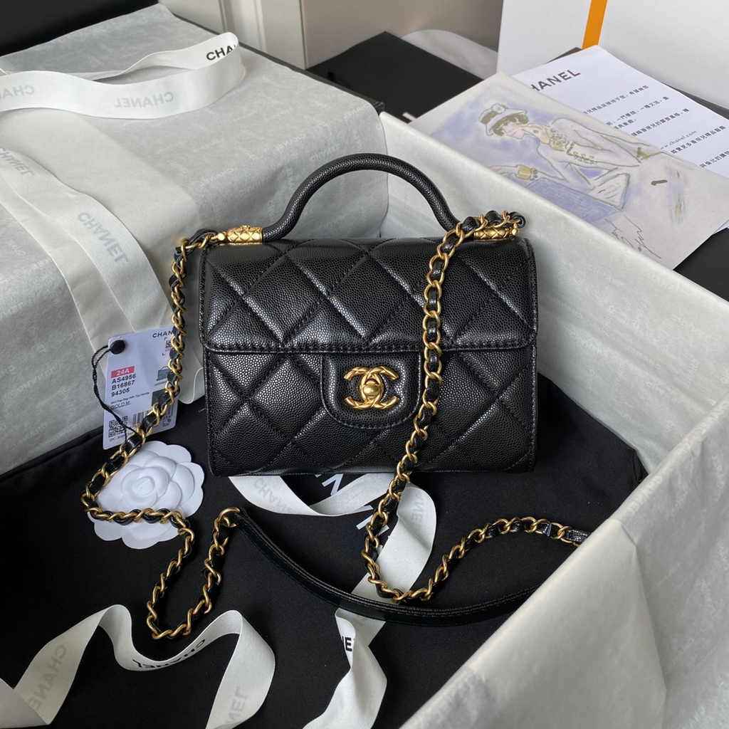 Chanel mini flap bag with top handle, AS4956 black calfskin