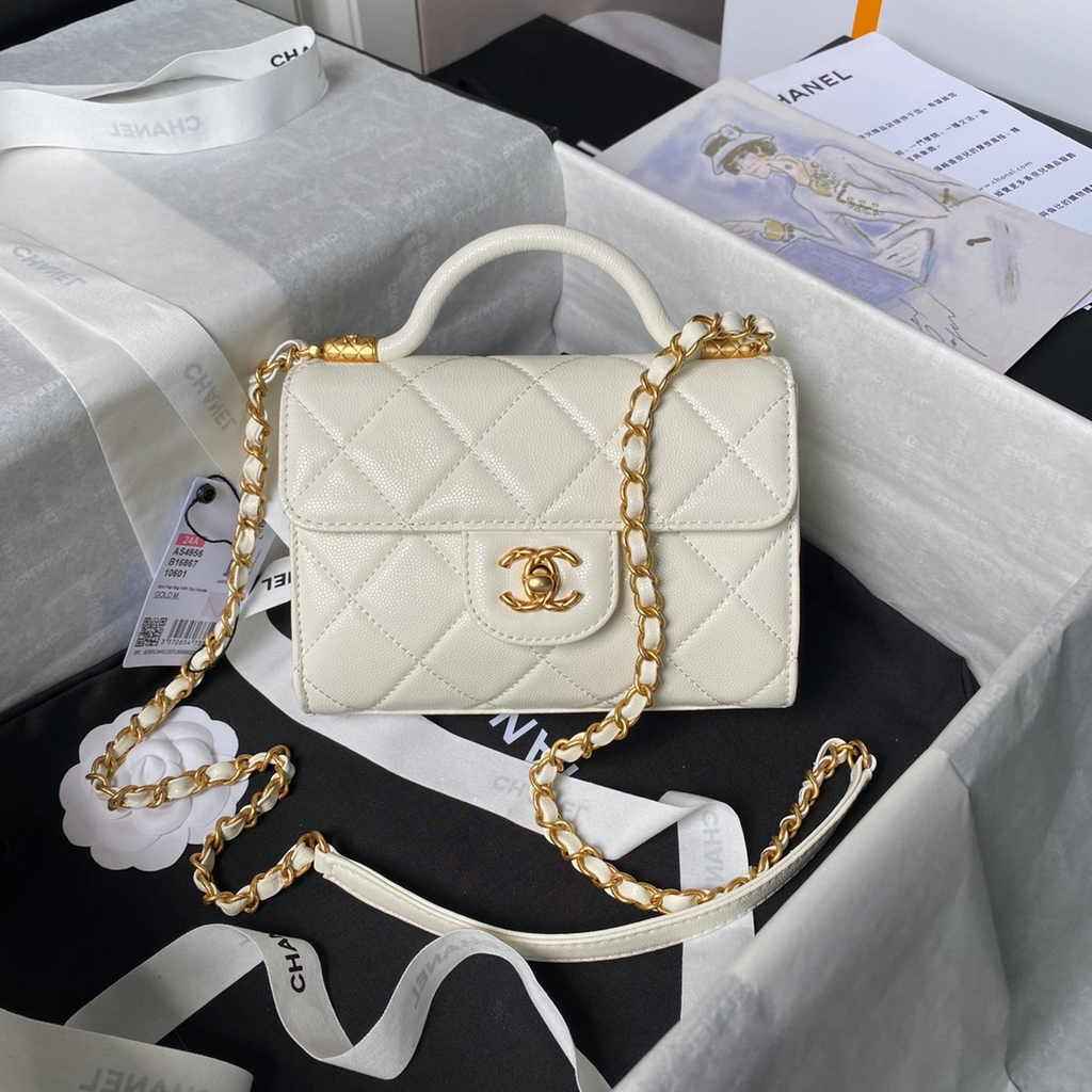 Chanel mini flap bag with top handle, AS4956 white calfskin