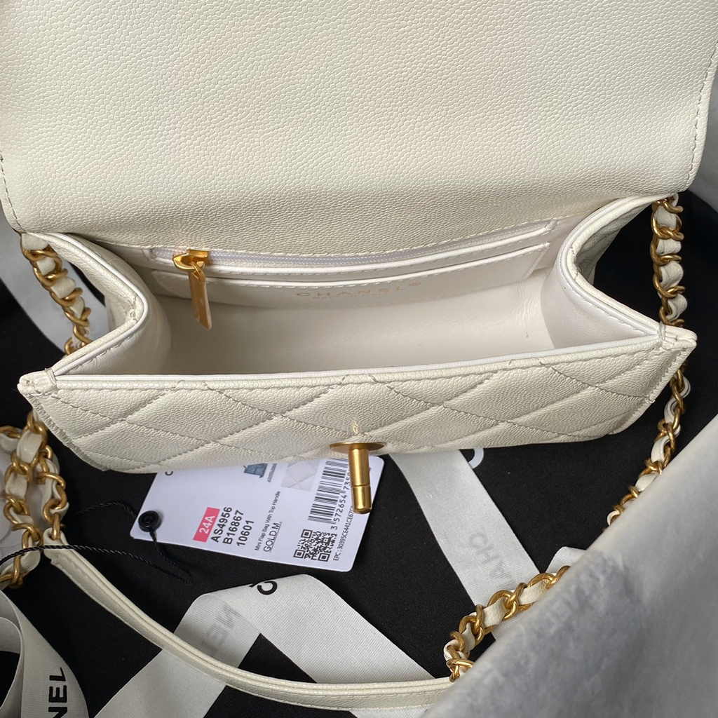Chanel mini flap bag with top handle, AS4956 white calfskin