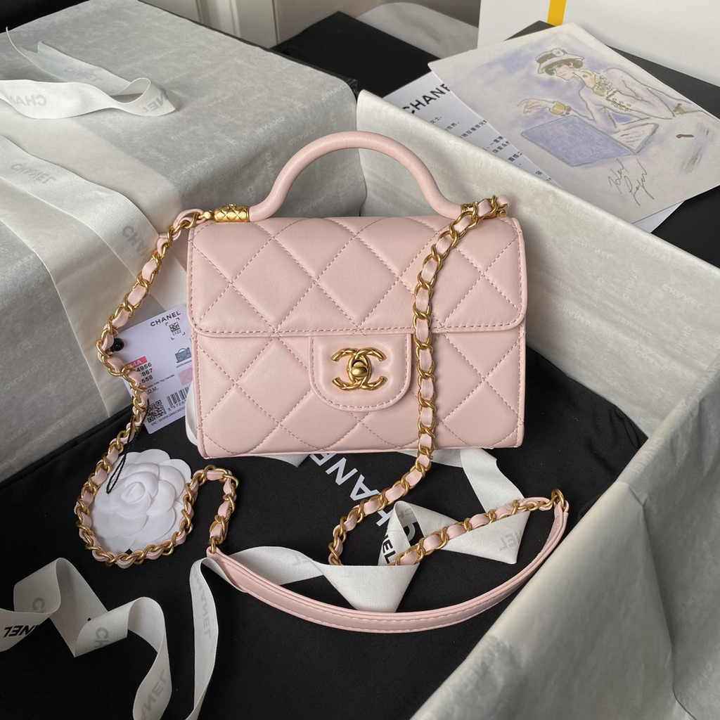 Chanel mini flap bag with top handle, AS4956 pink Lambskin