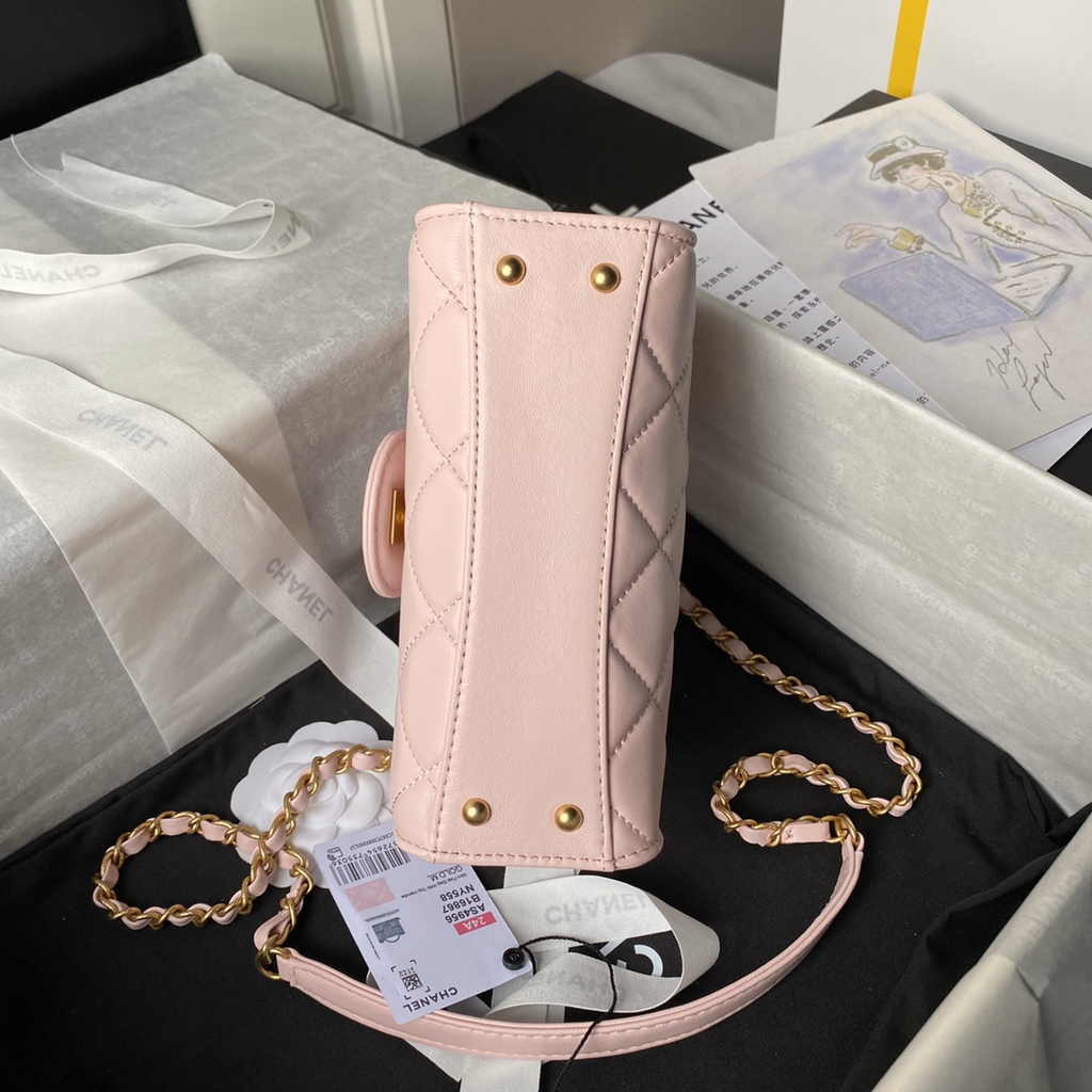Chanel mini flap bag with top handle, AS4956 pink Lambskin