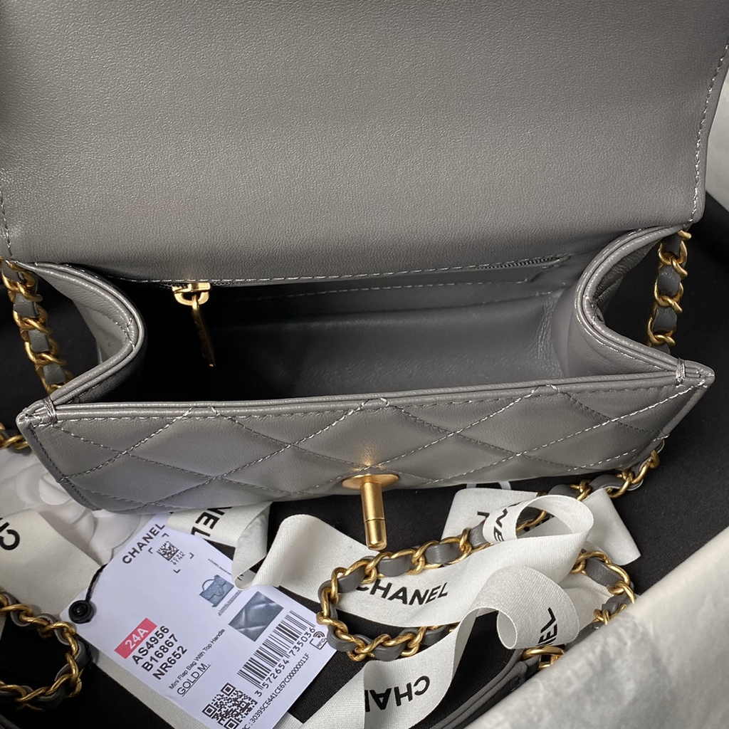 Chanel mini flap bag with top handle, AS4956 gray Lambskin