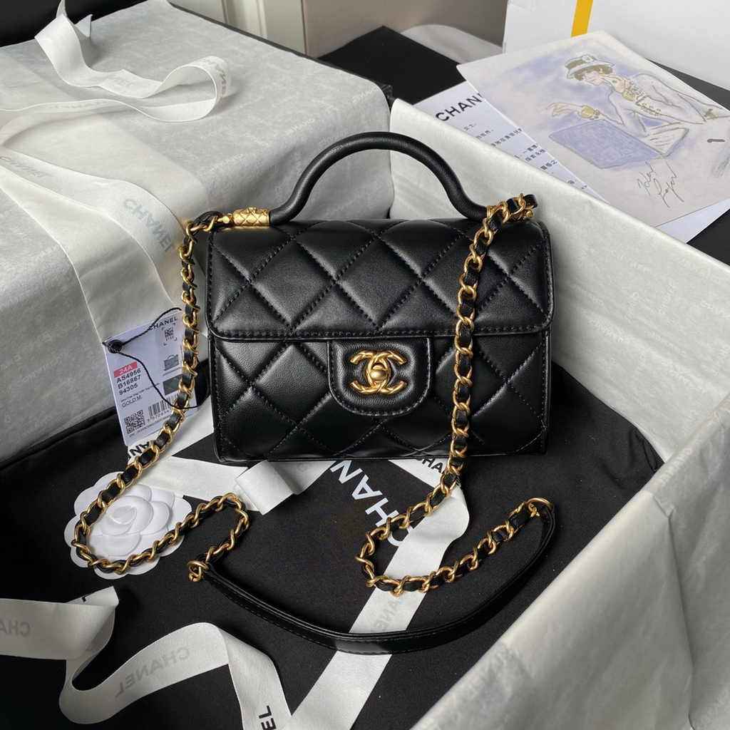 Chanel mini flap bag with top handle, AS4956 black Lambskin