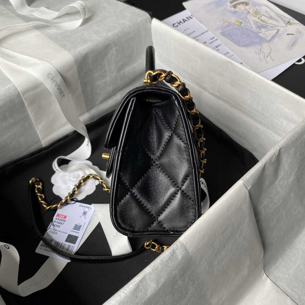 Chanel mini flap bag with top handle, AS4956 black Lambskin