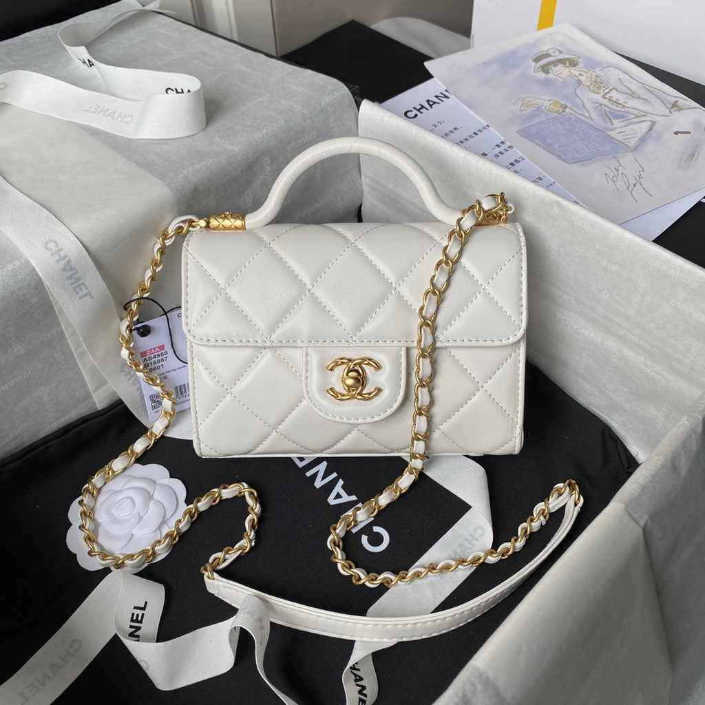 Chanel mini flap bag with top handle, AS4956 white Lambskin