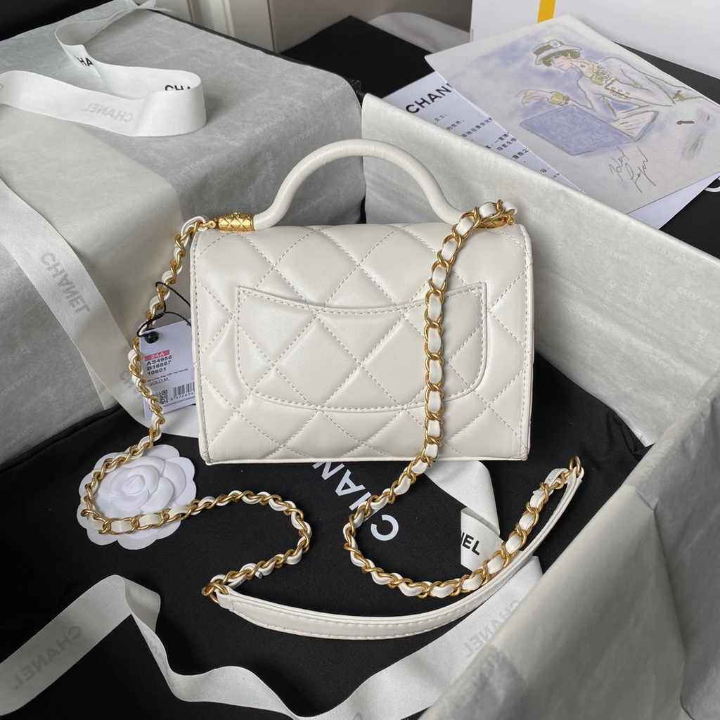 Chanel mini flap bag with top handle, AS4956 white Lambskin