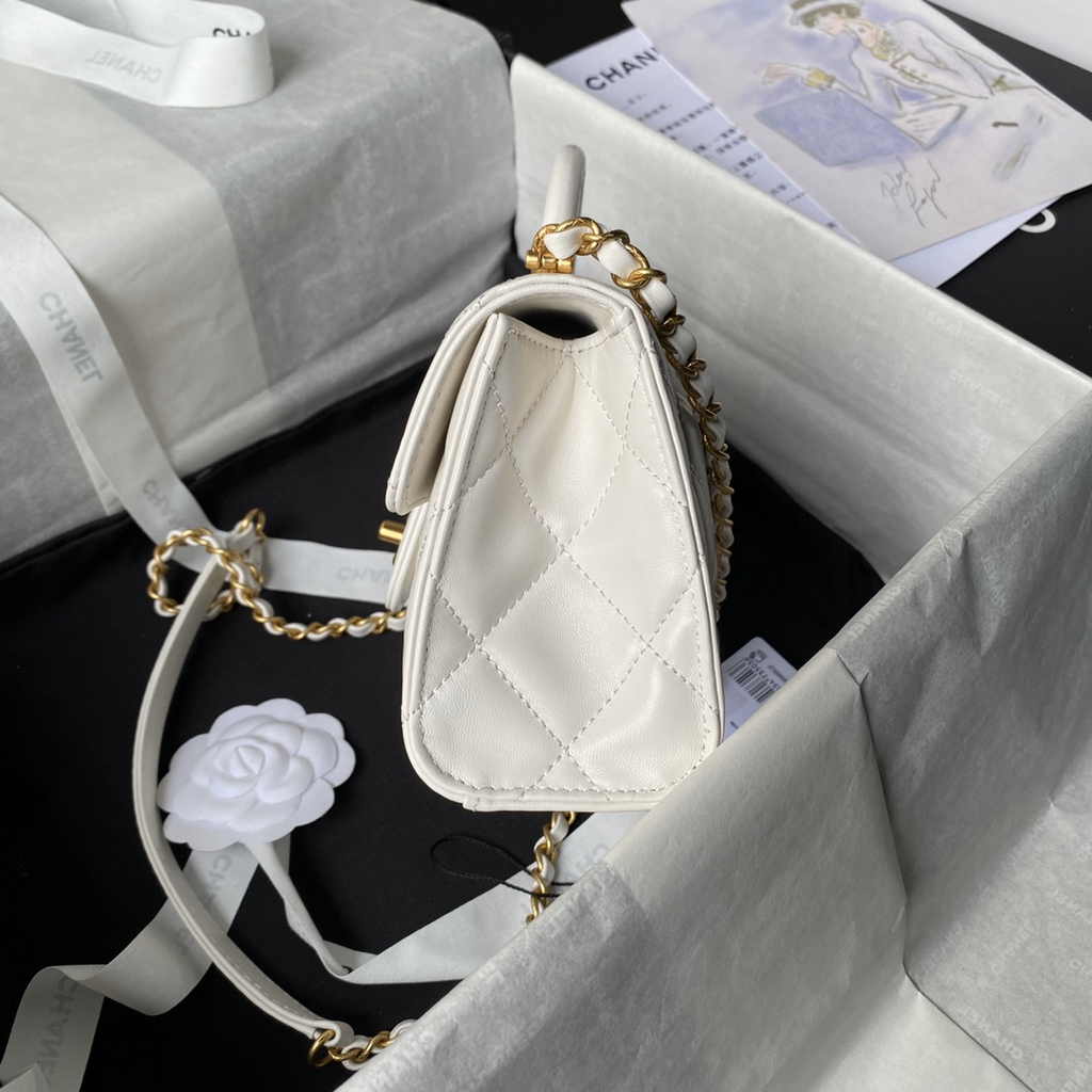 Chanel mini flap bag with top handle, AS4956 white Lambskin