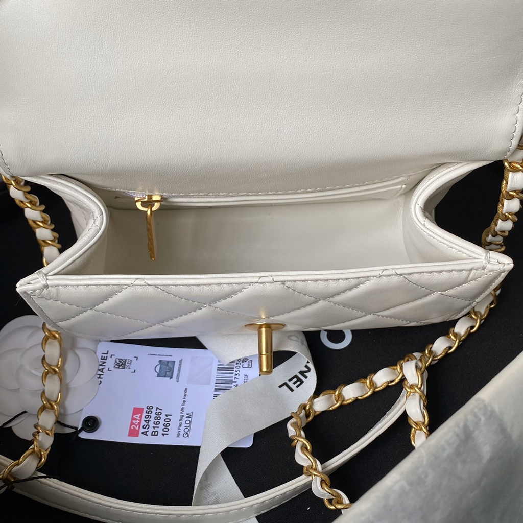 Chanel mini flap bag with top handle, AS4956 white Lambskin