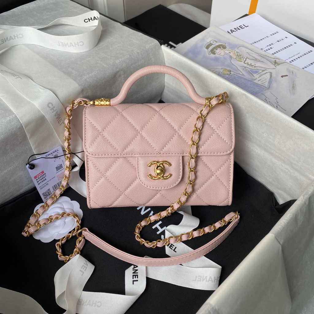 Chanel mini flap bag with top handle, AS4956 pink calfskin