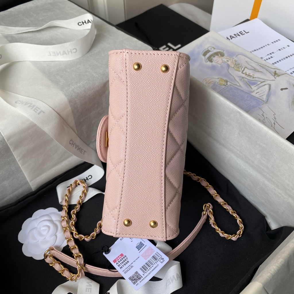 Chanel mini flap bag with top handle, AS4956 pink calfskin
