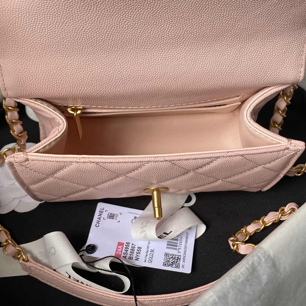 Chanel mini flap bag with top handle, AS4956 pink calfskin