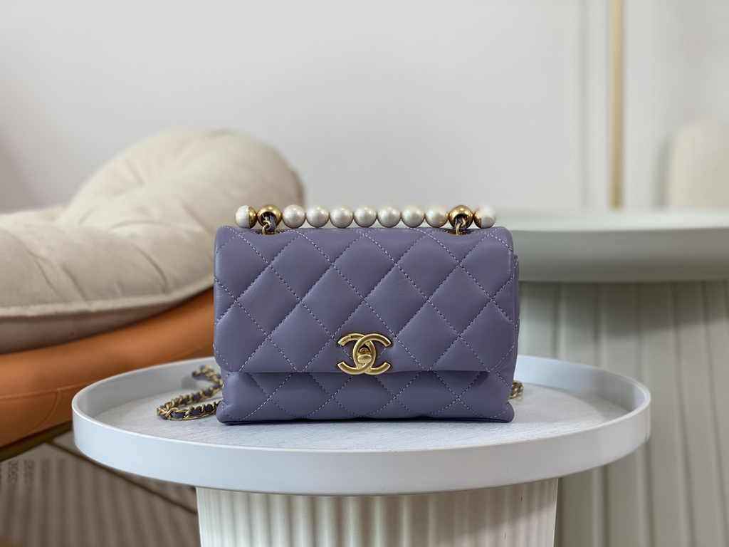 Chanel mini flap bag with top handle AS5001, Purple shiny lambskin