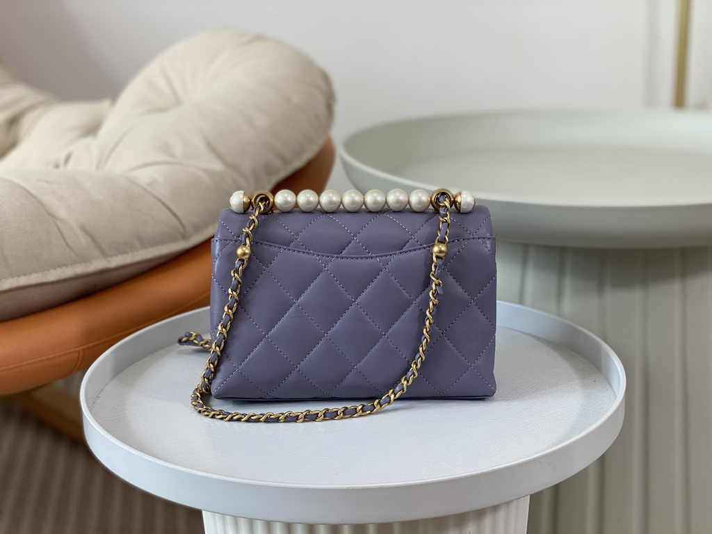 Chanel mini flap bag with top handle AS5001, Purple shiny lambskin