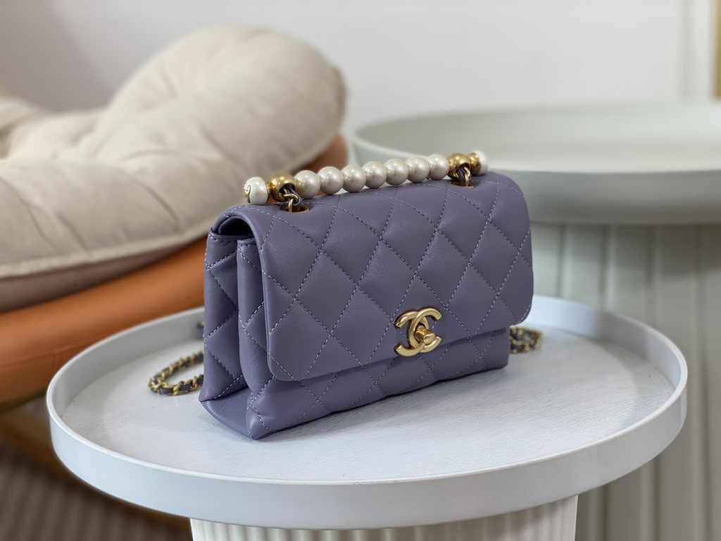 Chanel mini flap bag with top handle AS5001, Purple shiny lambskin