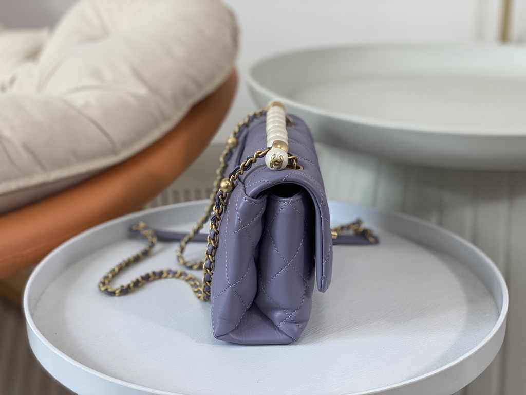 Chanel mini flap bag with top handle AS5001, Purple shiny lambskin