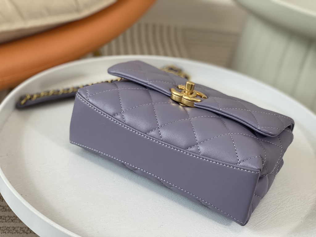 Chanel mini flap bag with top handle AS5001, Purple shiny lambskin
