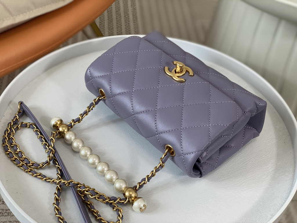 Chanel mini flap bag with top handle AS5001, Purple shiny lambskin