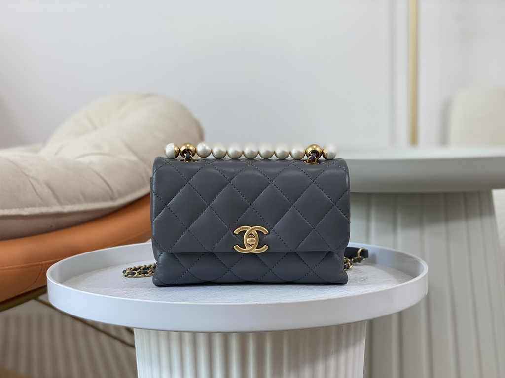 Chanel mini flap bag with top handle AS5001, Gray shiny lambskin