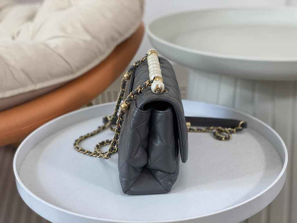 Chanel mini flap bag with top handle AS5001, Gray shiny lambskin