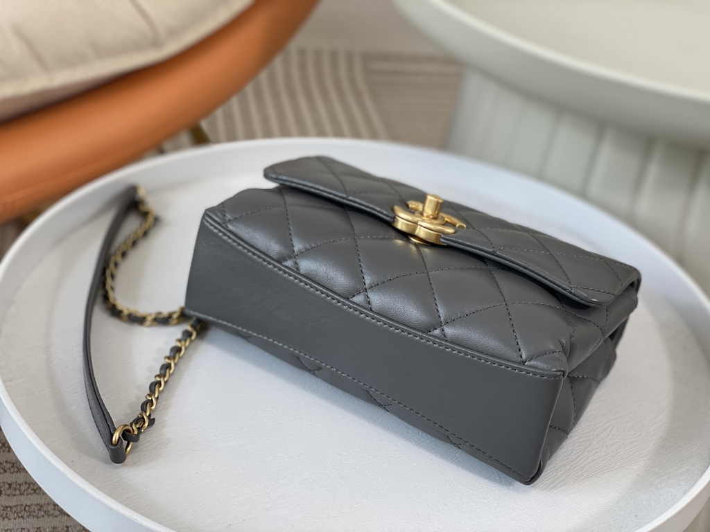 Chanel mini flap bag with top handle AS5001, Gray shiny lambskin