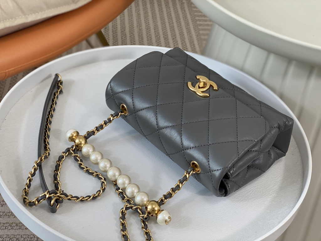 Chanel mini flap bag with top handle AS5001, Gray shiny lambskin