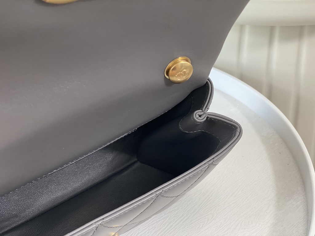 Chanel mini flap bag with top handle AS5001, Gray shiny lambskin