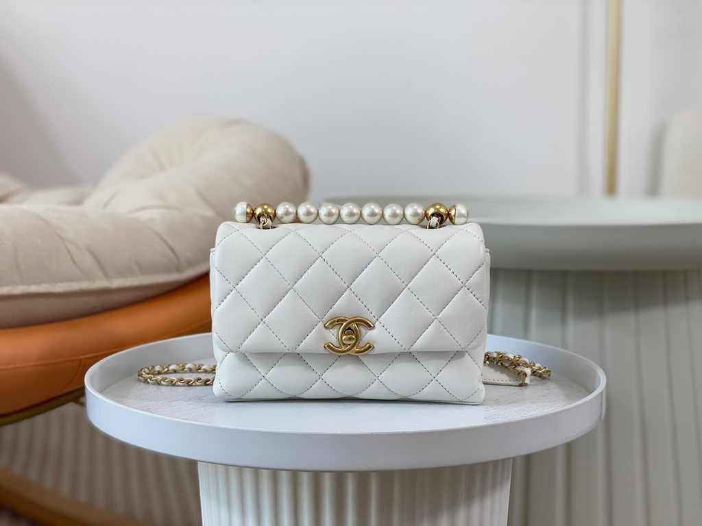 Chanel mini flap bag with top handle AS5001, White shiny lambskin