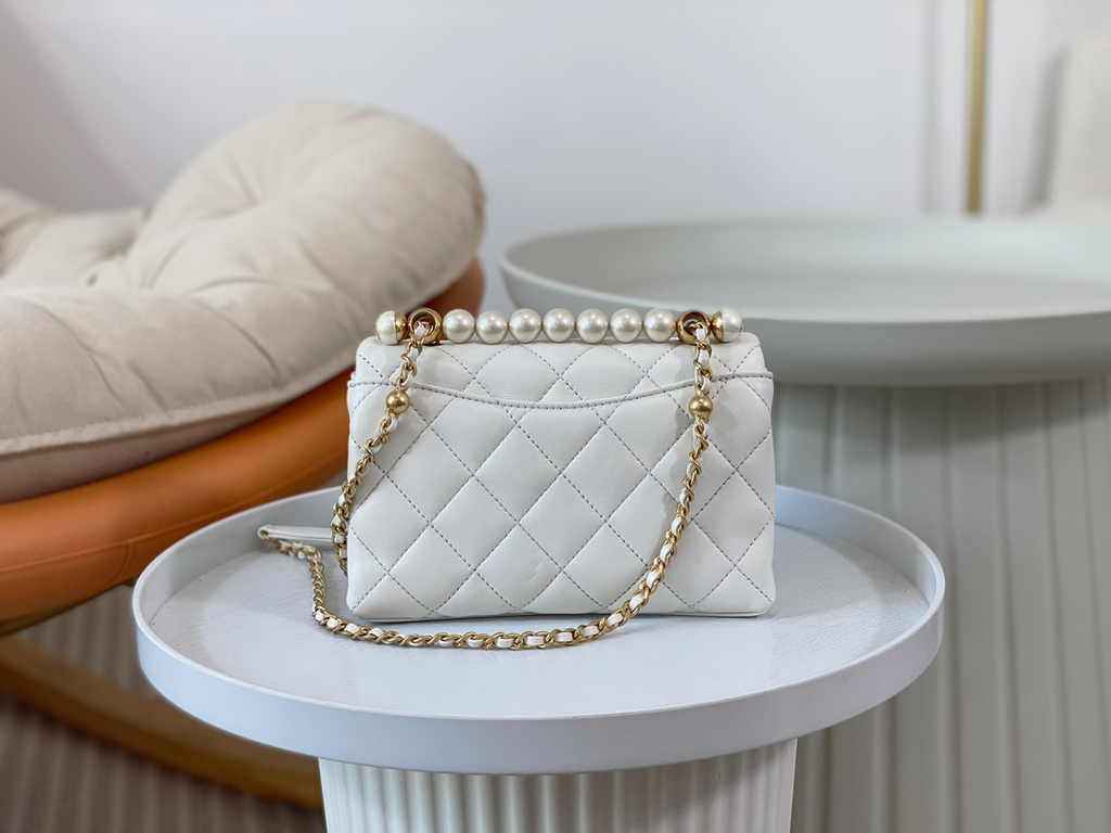 Chanel mini flap bag with top handle AS5001, White shiny lambskin