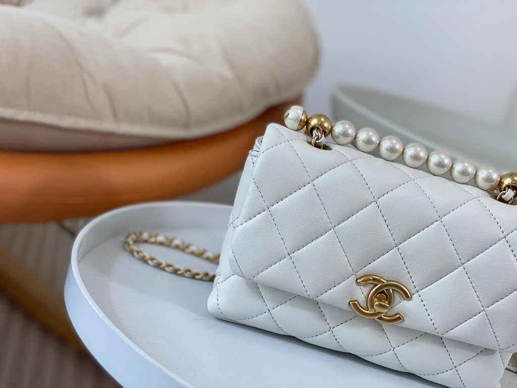 Chanel mini flap bag with top handle AS5001, White shiny lambskin