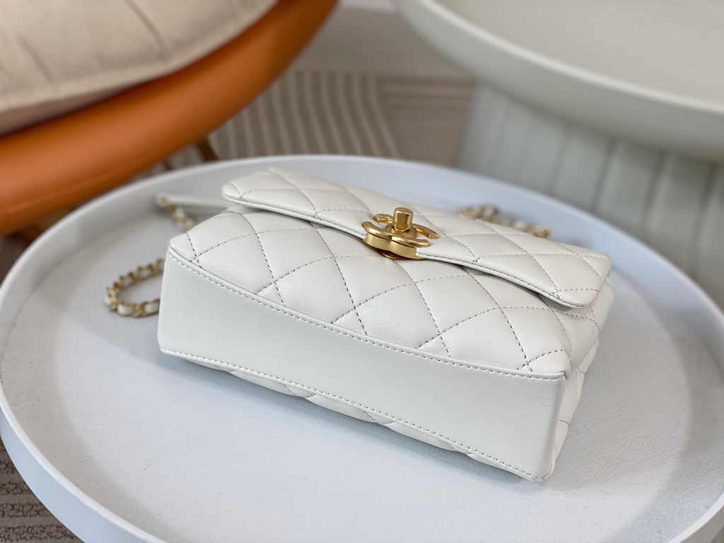 Chanel mini flap bag with top handle AS5001, White shiny lambskin