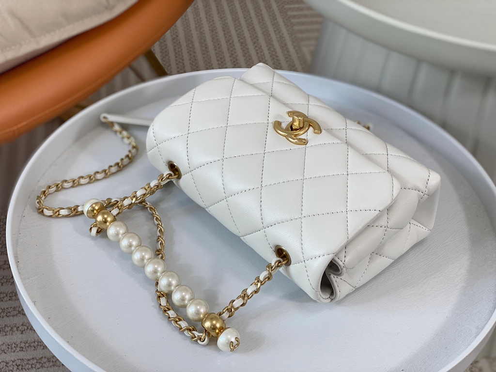 Chanel mini flap bag with top handle AS5001, White shiny lambskin