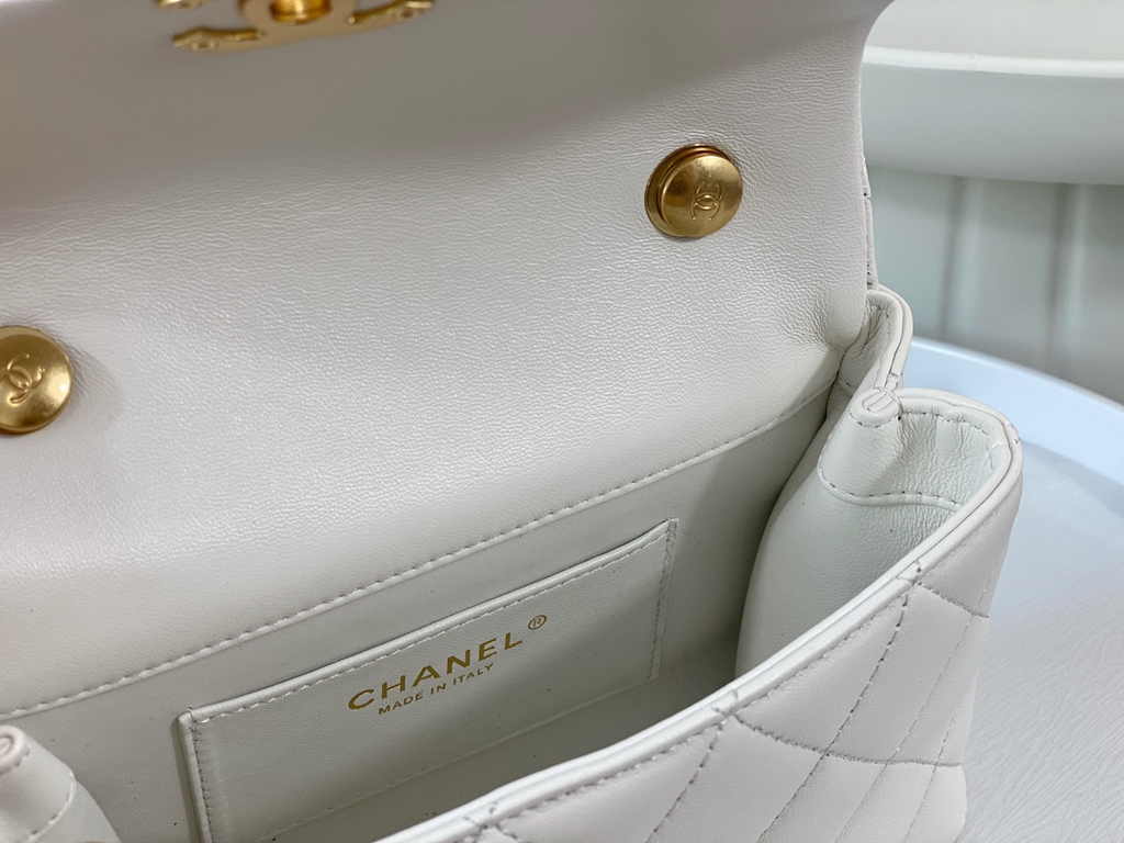 Chanel mini flap bag with top handle AS5001, White shiny lambskin