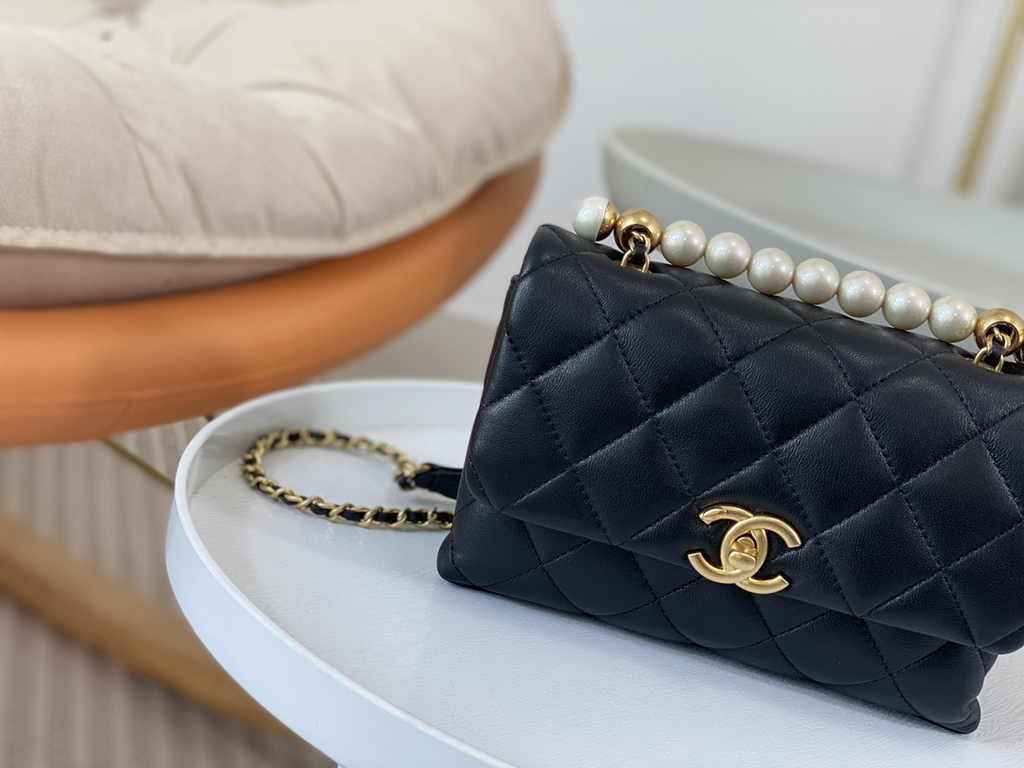 Chanel mini flap bag with top handle AS5001, Black shiny lambskin