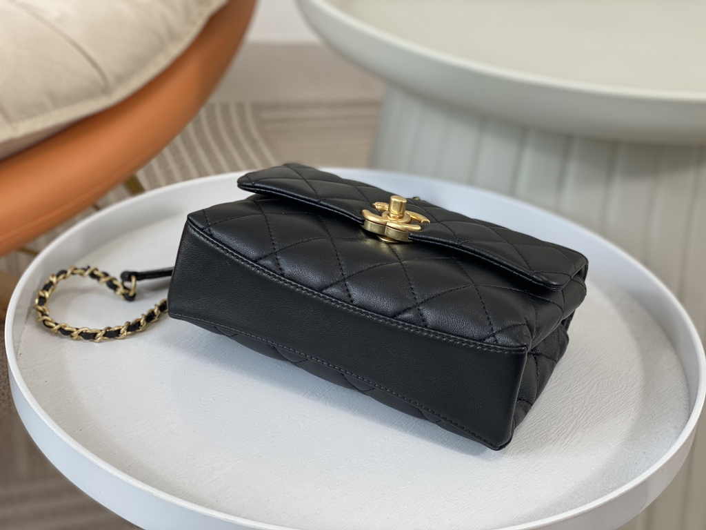 Chanel mini flap bag with top handle AS5001, Black shiny lambskin