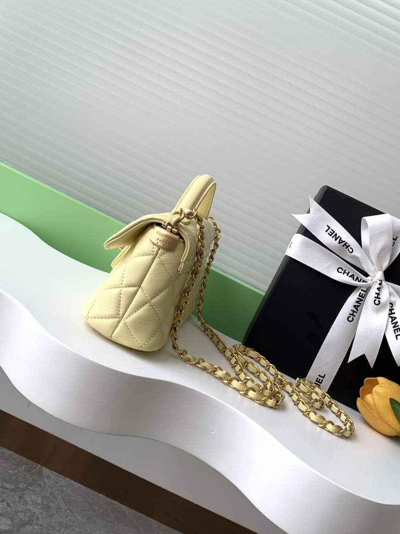 Chanel mini flap bag with top handle, AS5354, Yellow lambskin