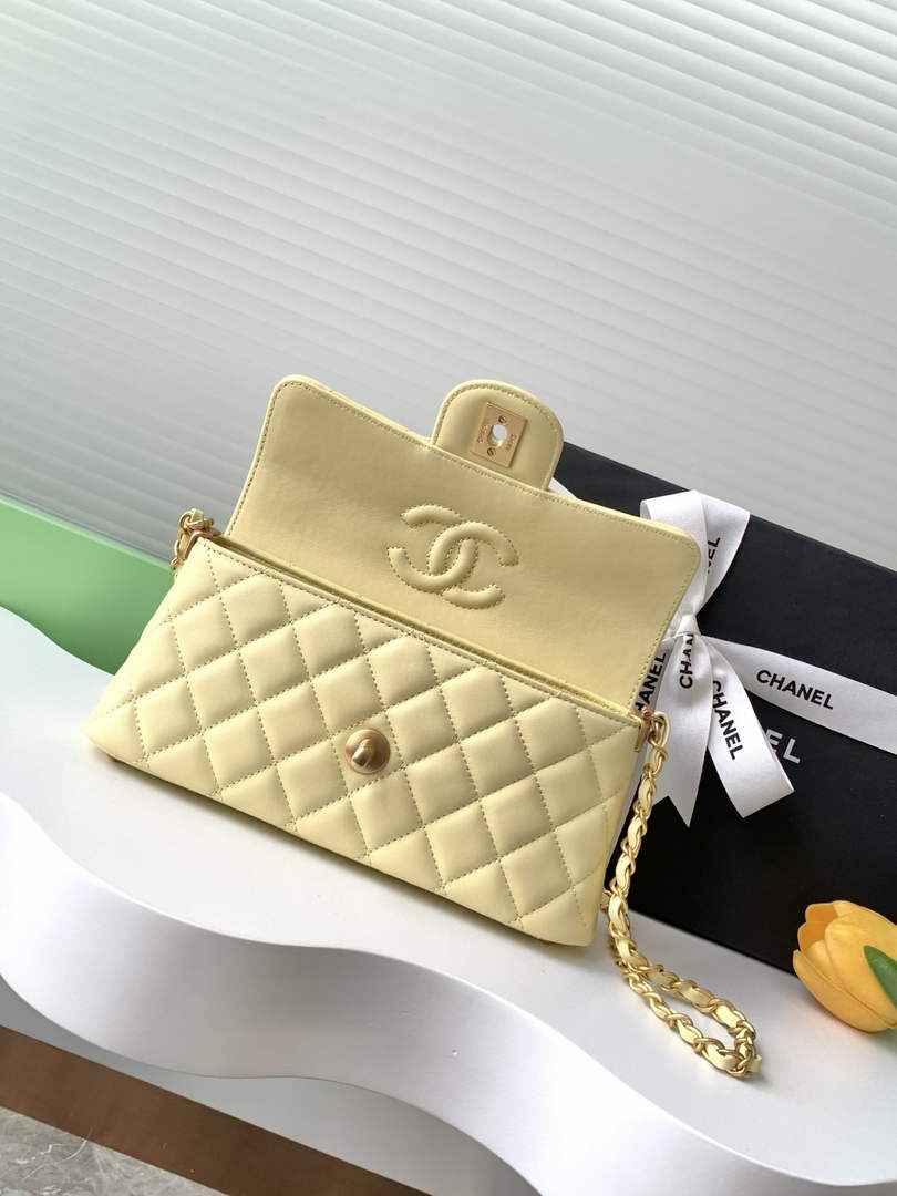 Chanel mini flap bag with top handle, AS5354, Yellow lambskin