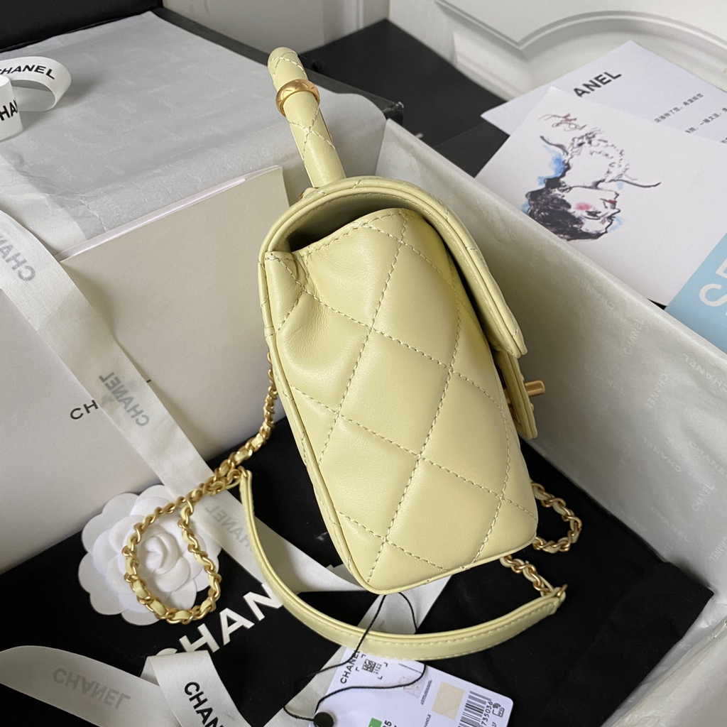 Chanel Mini flap bag with top handle Yellow Lambskin Gold-tone Metal AS4035