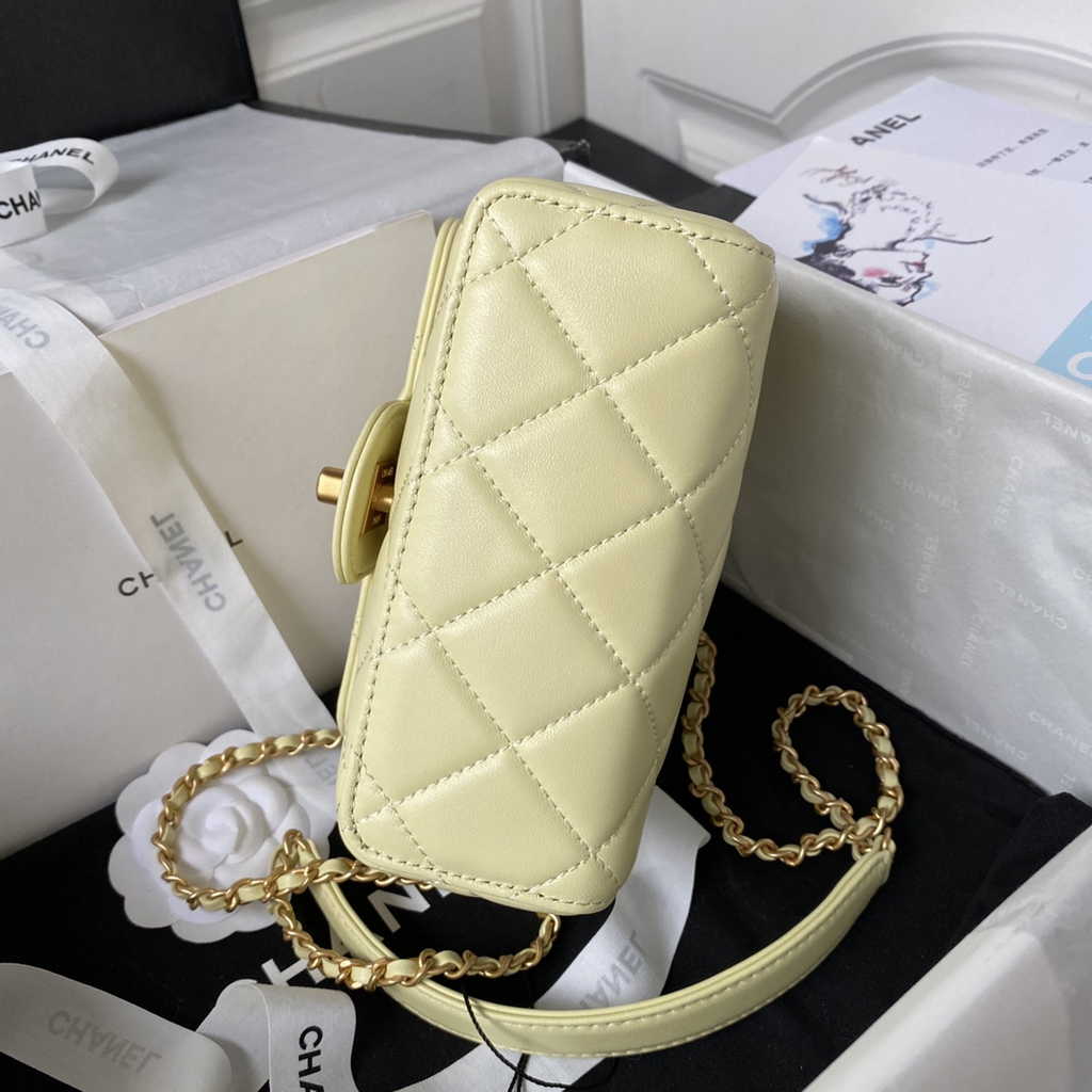 Chanel Mini flap bag with top handle Yellow Lambskin Gold-tone Metal AS4035
