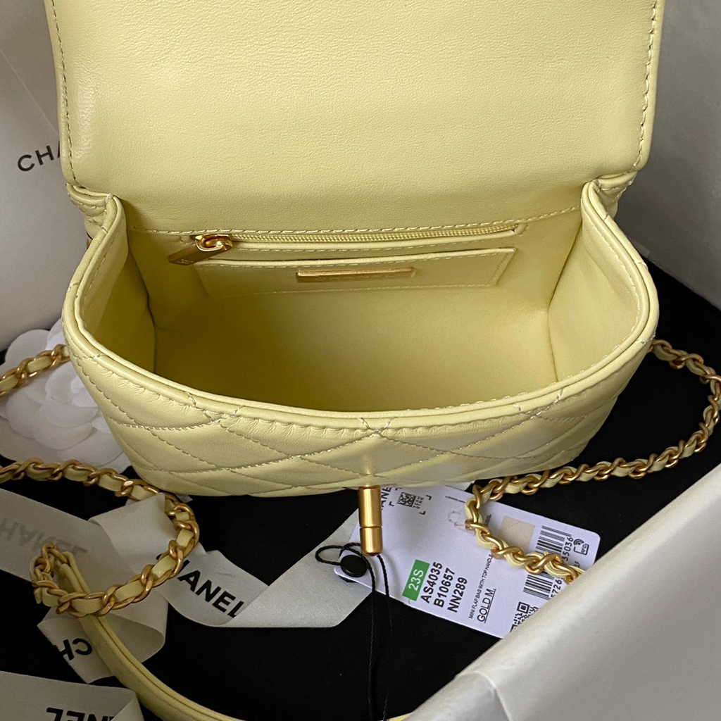 Chanel Mini flap bag with top handle Yellow Lambskin Gold-tone Metal AS4035