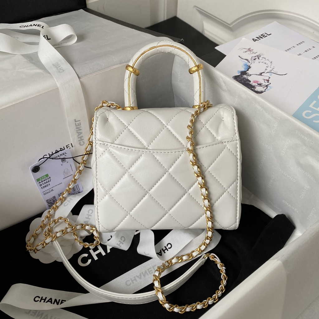 Chanel Mini flap bag with top handle White Lambskin Gold-tone Metal AS4035