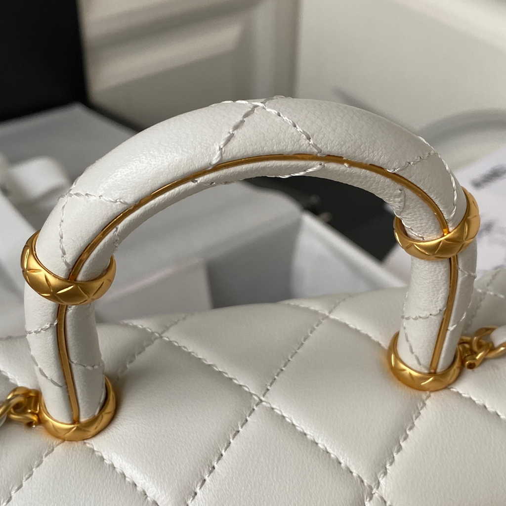 Chanel Mini flap bag with top handle White Lambskin Gold-tone Metal AS4035