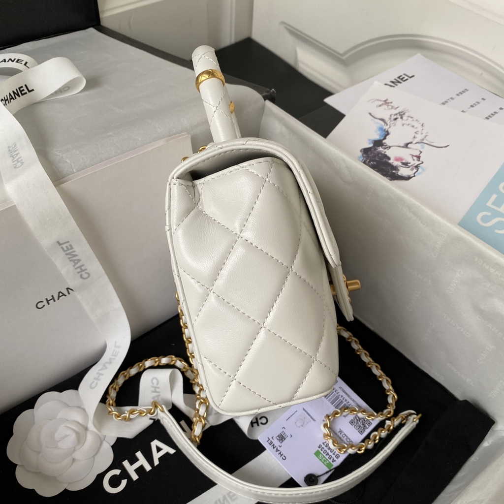 Chanel Mini flap bag with top handle White Lambskin Gold-tone Metal AS4035