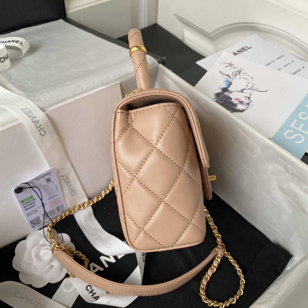 Chanel Mini flap bag with top handle light pink Lambskin Gold-tone Metal AS4035