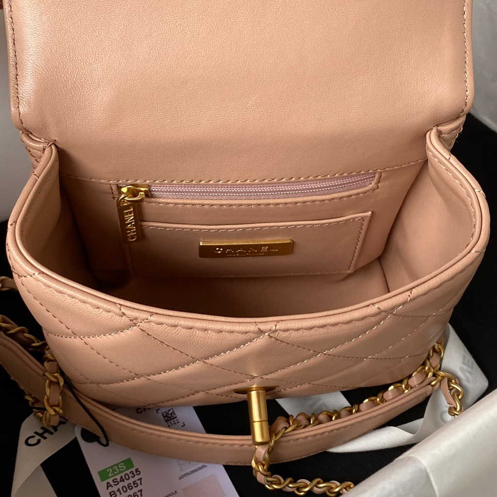 Chanel Mini flap bag with top handle light pink Lambskin Gold-tone Metal AS4035