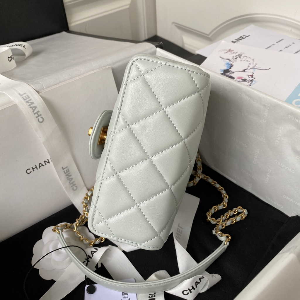 Chanel Mini flap bag with top handle Gray Lambskin Gold-tone Metal AS4035
