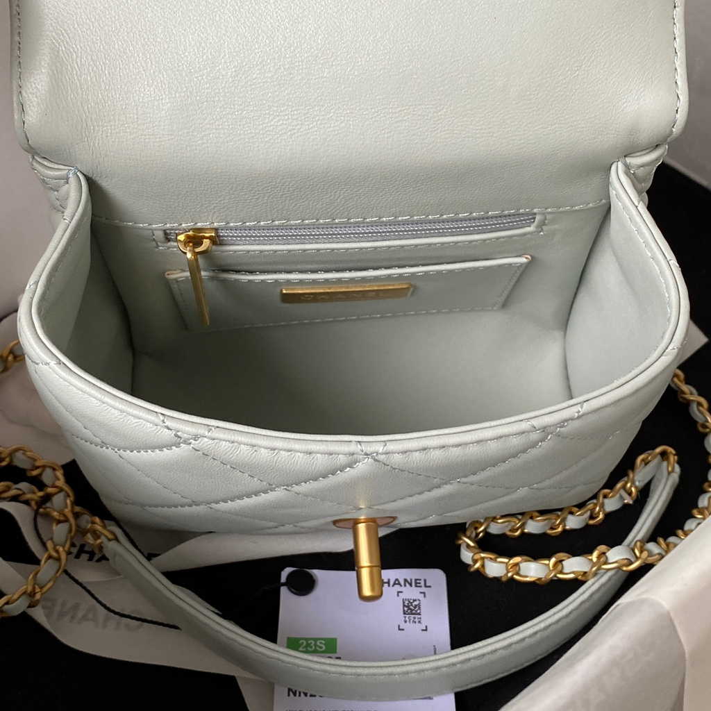 Chanel Mini flap bag with top handle Gray Lambskin Gold-tone Metal AS4035