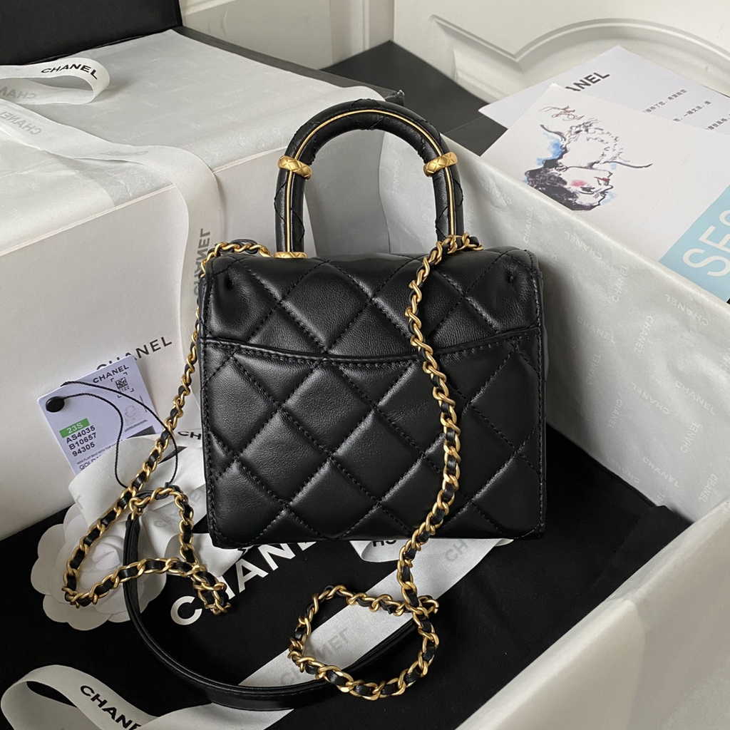 Chanel Mini flap bag with top handle Black Lambskin Gold-tone Metal AS4035