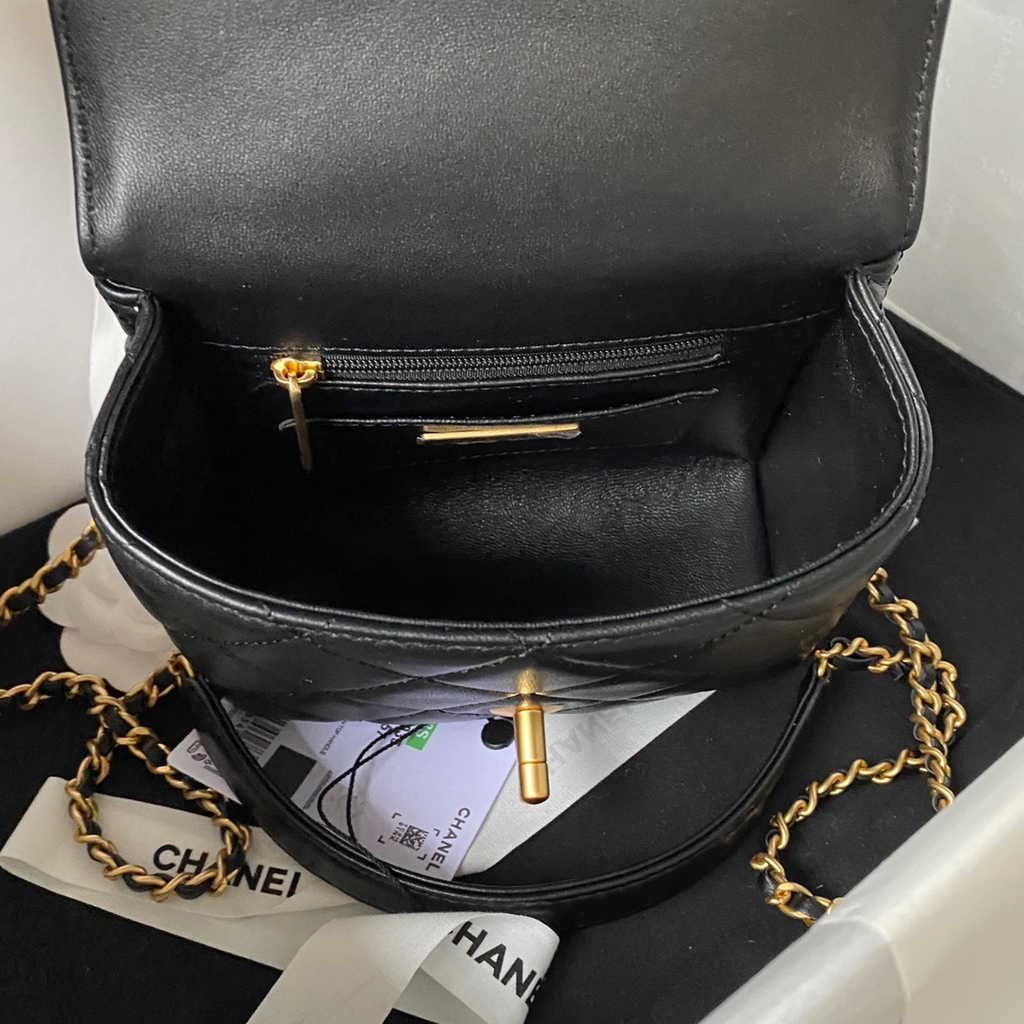 Chanel Mini flap bag with top handle Black Lambskin Gold-tone Metal AS4035