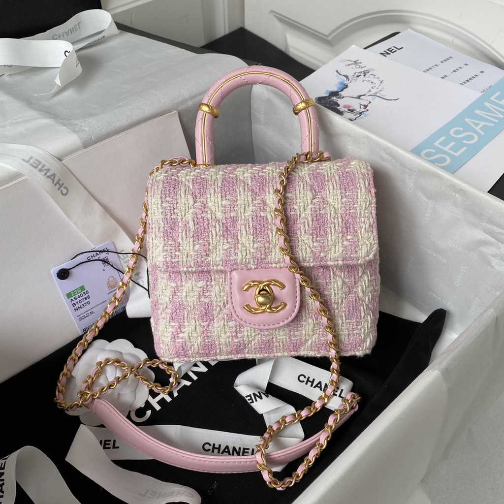 Chanel Mini flap bag with top handle Pink Tweed Lambskin AS4035