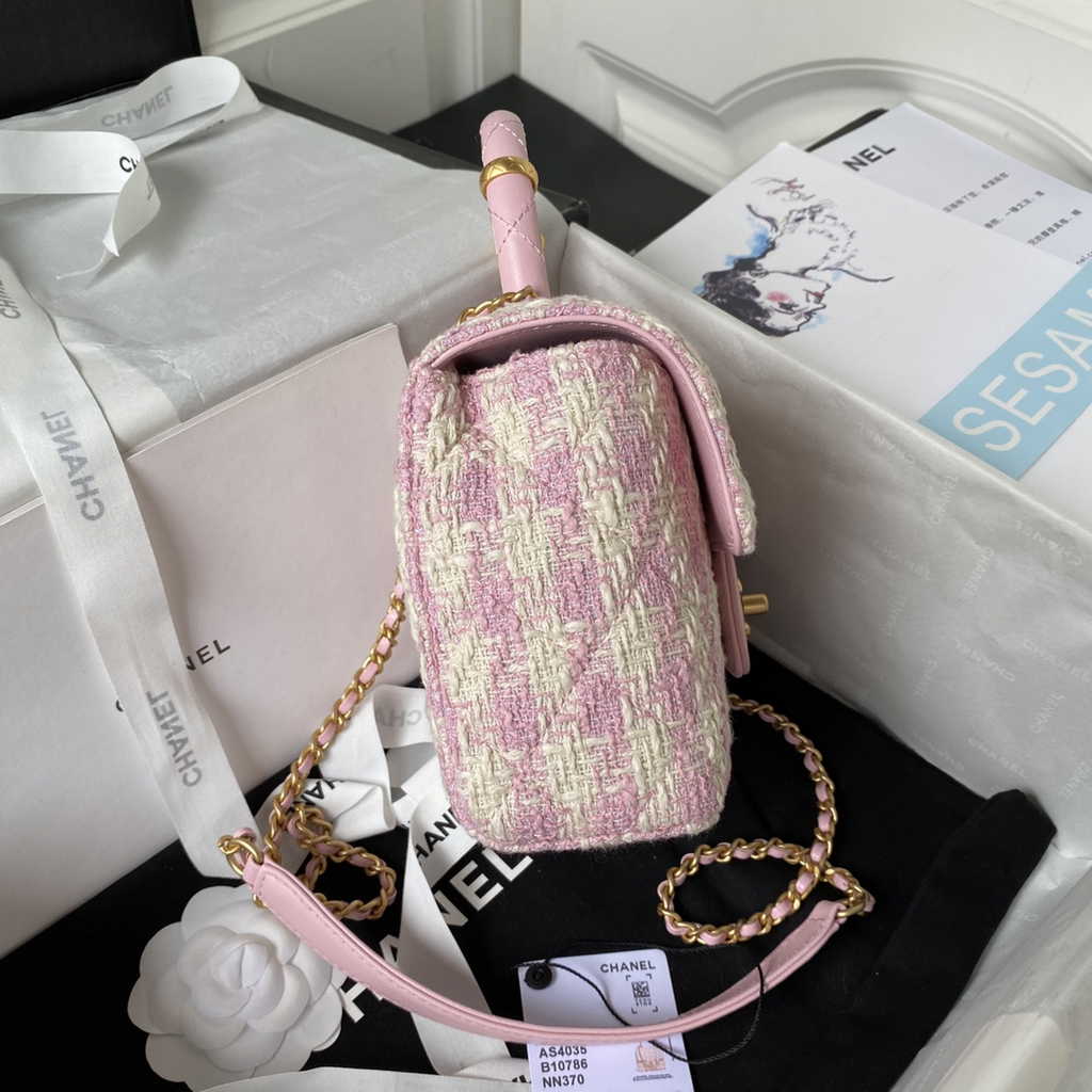 Chanel Mini flap bag with top handle Pink Tweed Lambskin AS4035